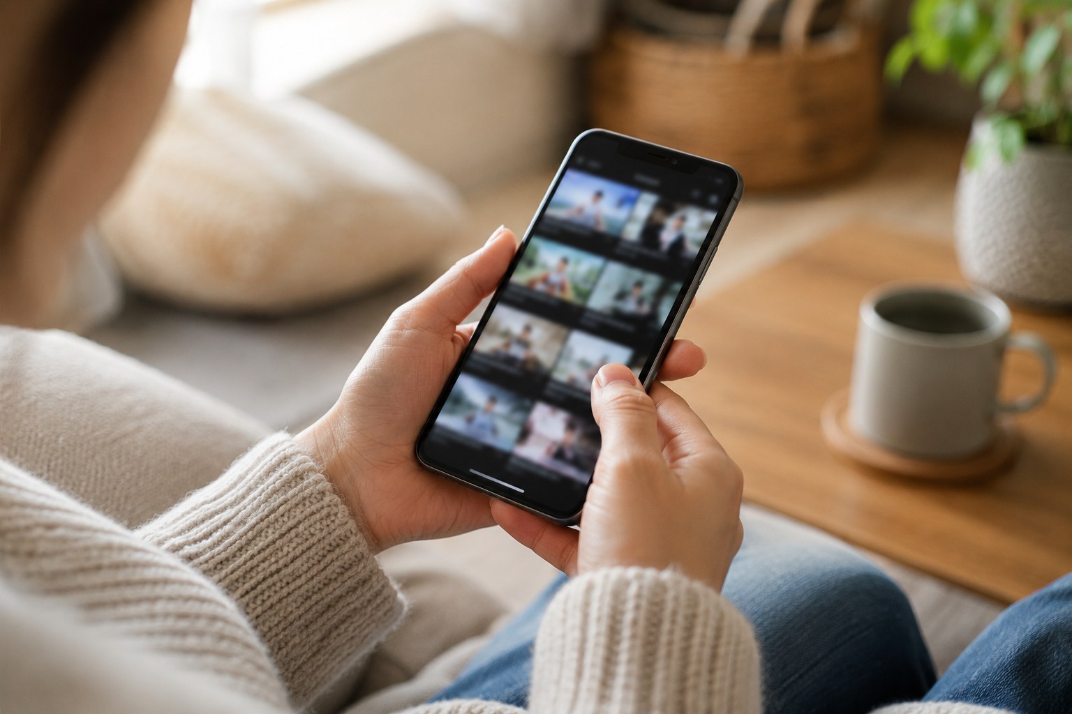 スマホで動画のサムネイル一覧を確認する様子