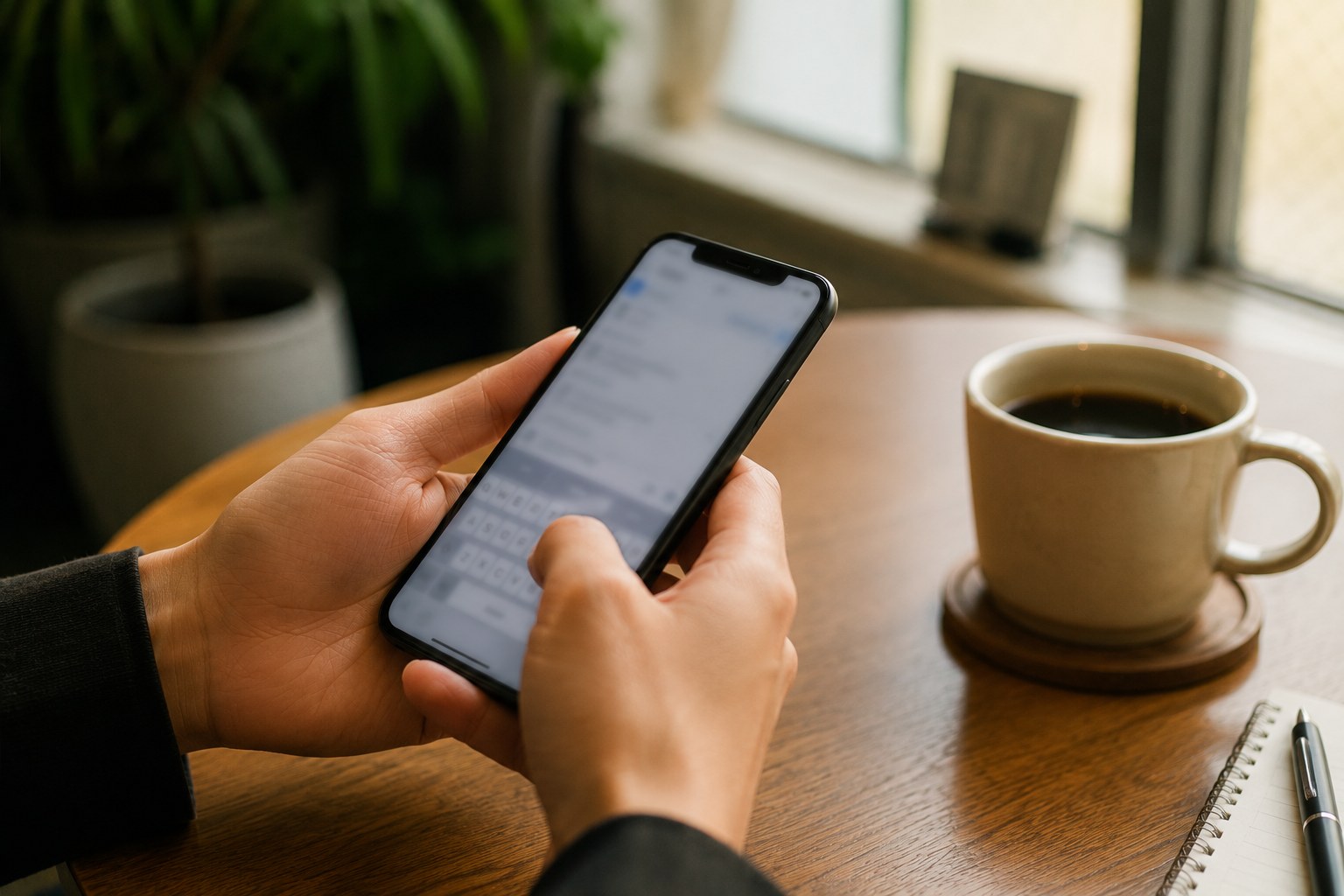 カフェでコーヒーを前にスマホを操作する手元