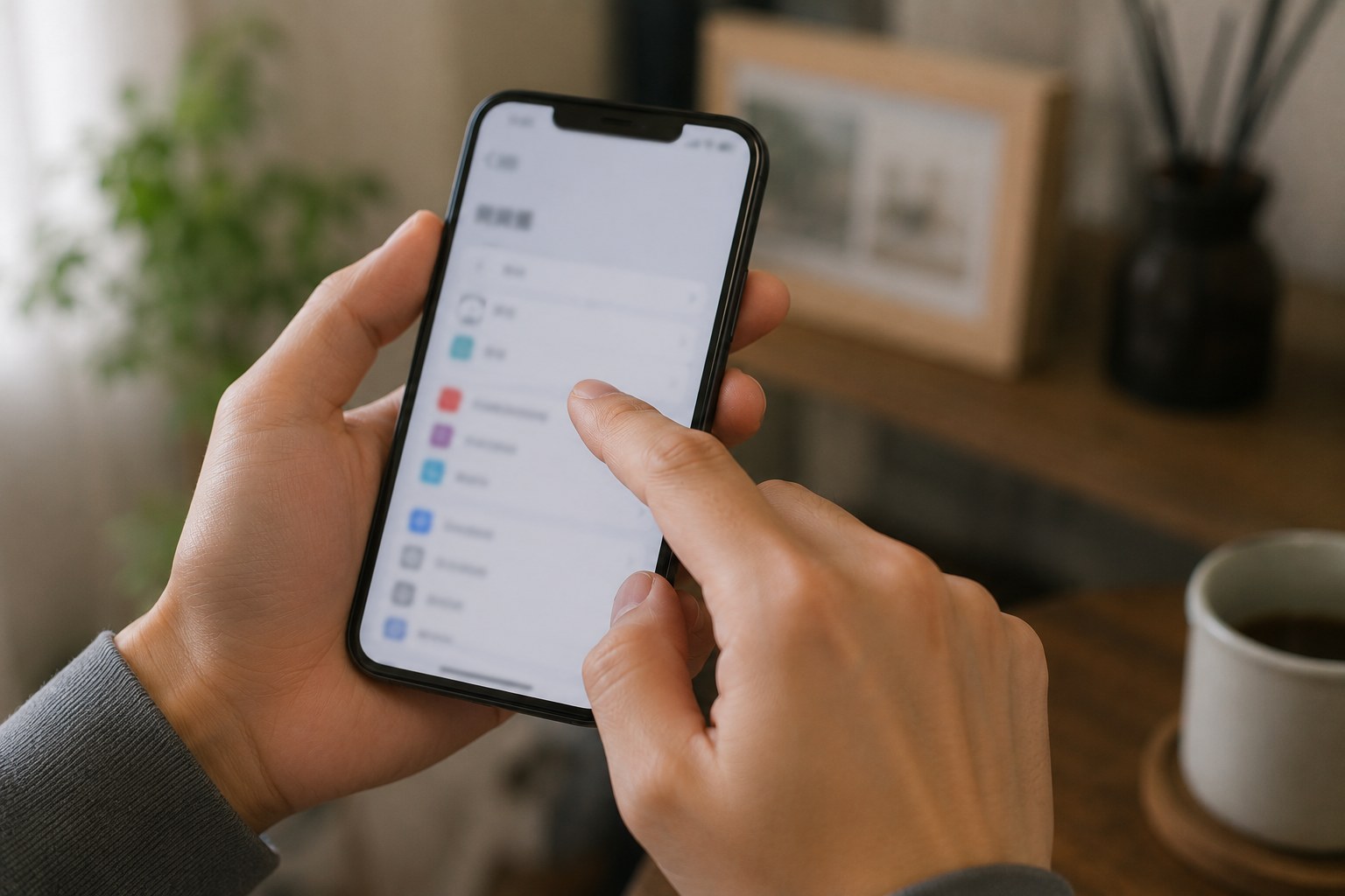 スマートフォンの設定画面をスクロールする手元