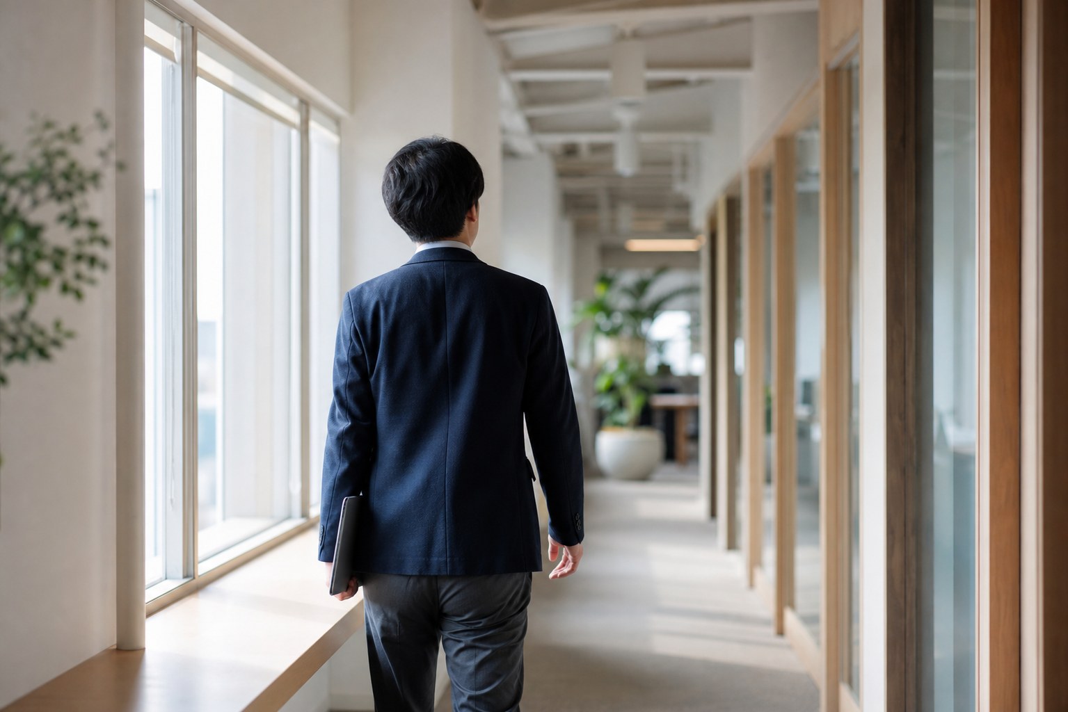 オフィスの廊下を自信を持って歩く後ろ姿