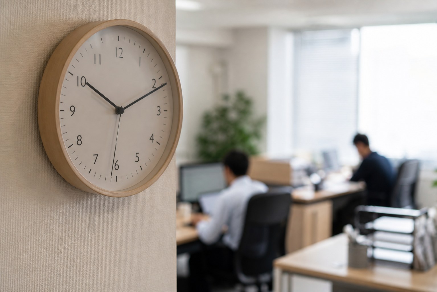 オフィスの壁掛け時計と奥で働く社員たち